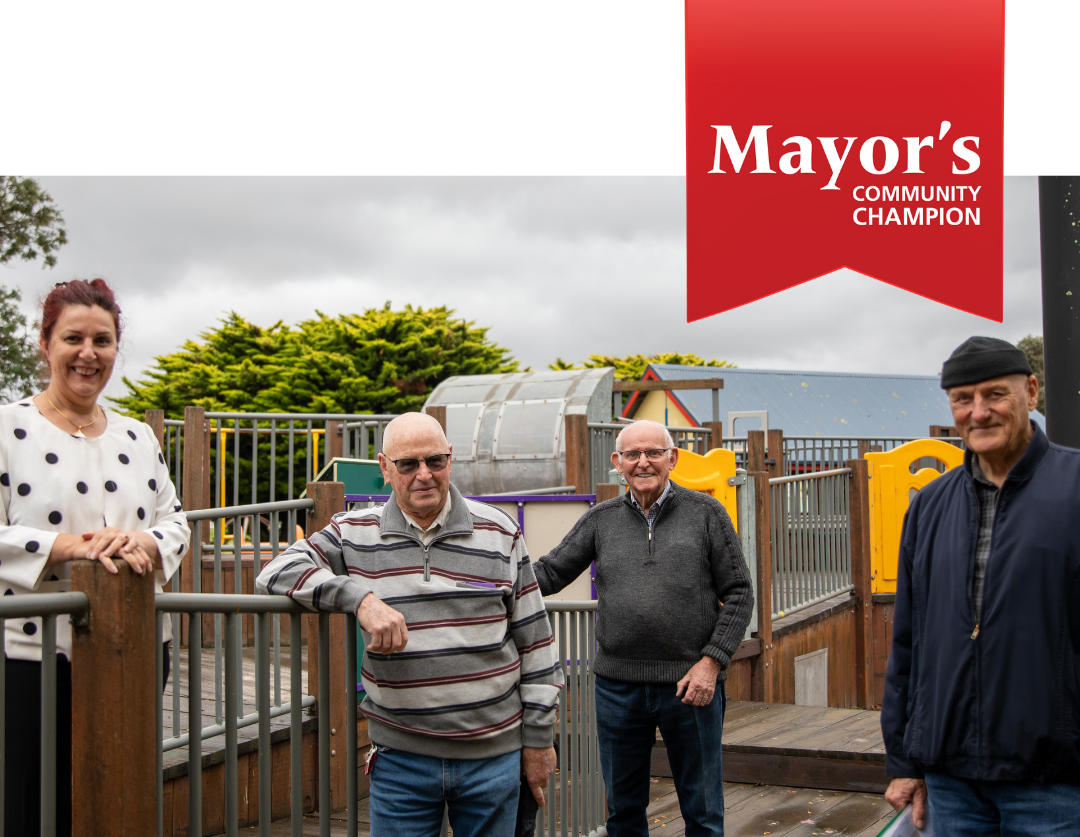 Latrobe City Council Mayor, Cr Sharon Gibson appreciates the dedication of Moe Lions Club members Ken Bechaz, Bill Carmichael and Peter Aboltins.