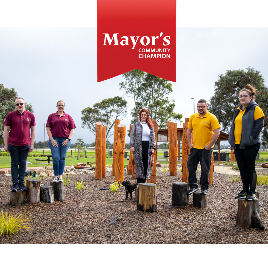 Latrobe City Council Mayor, Cr Sharon Gibson (centre) with, from left, Traralgon Apex Club members Brandon Bruce and Mellisa Dent, and Moe Apex Club members Jakey Rae and Fiona Sorensen at Apex Park, Moe.