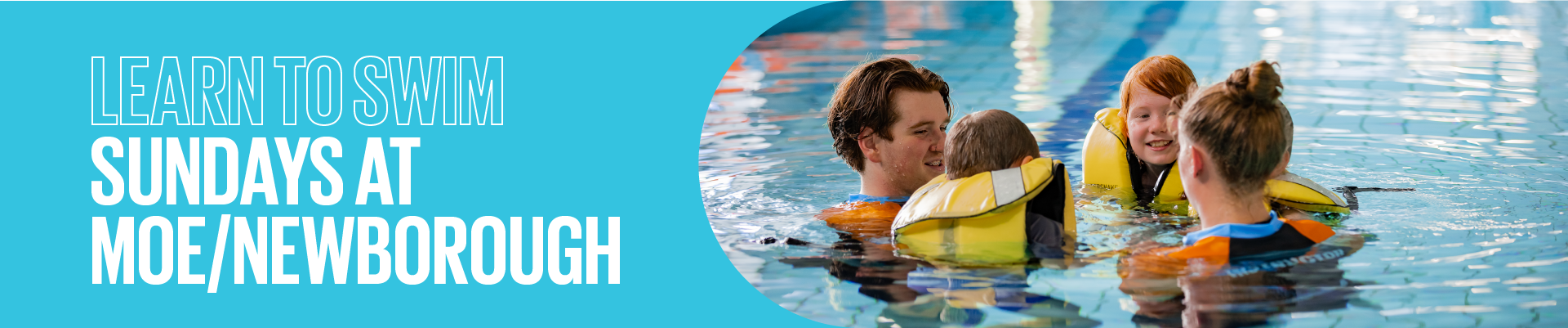 Web banner of Learn to Swim Sundays with photos of participants