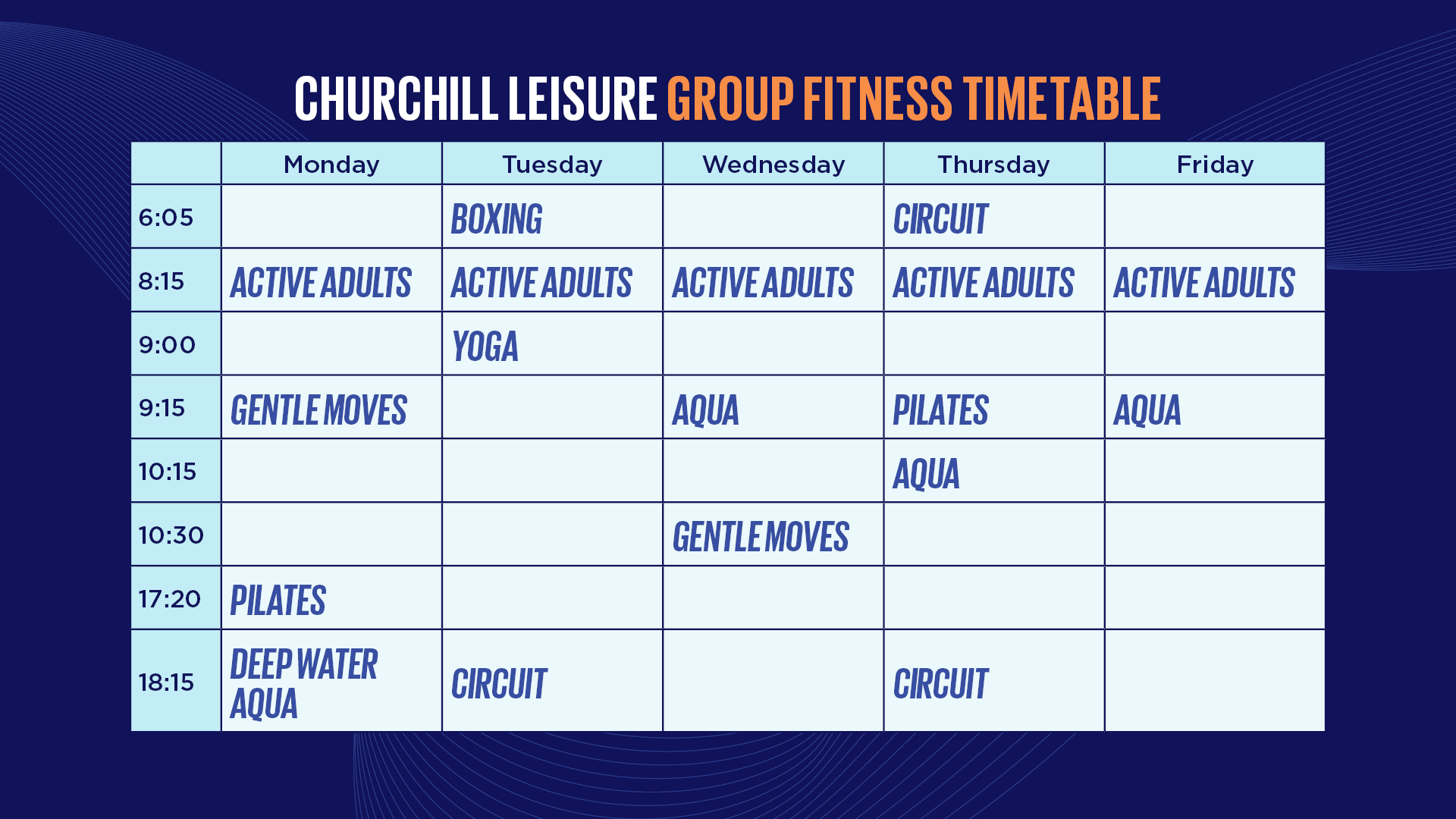 Churchill Group Fitness Time table 