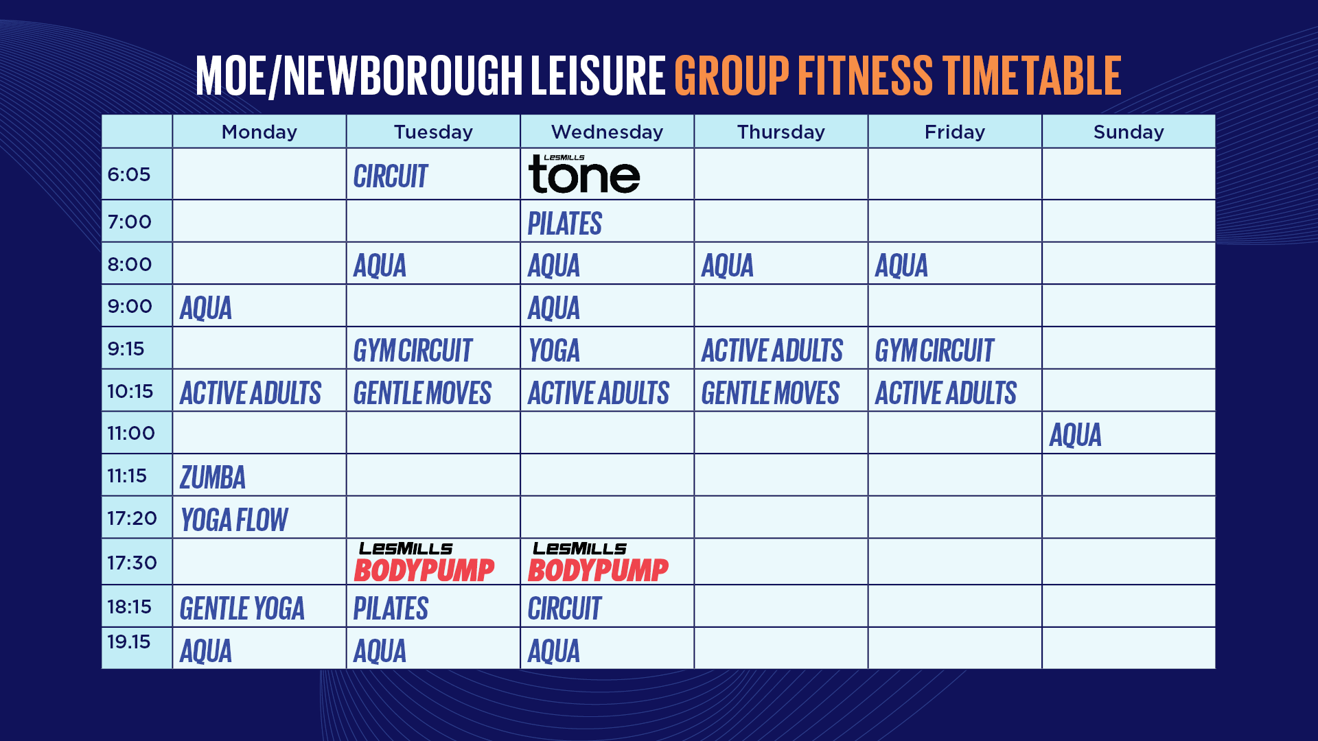 Moe/Newborough Group Fitness Time table 