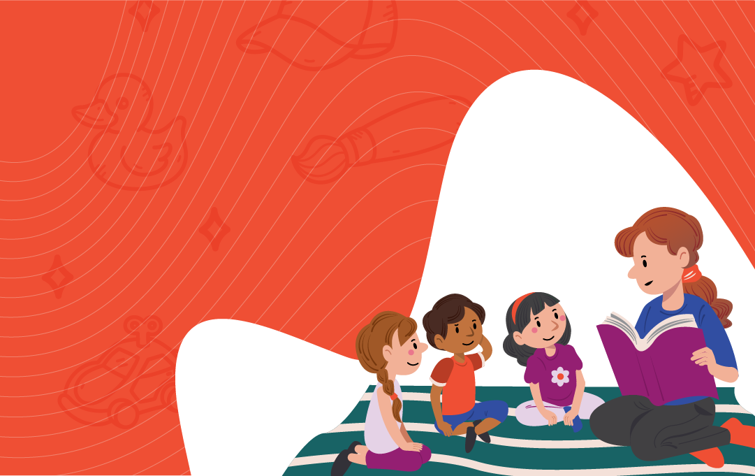 Orange background with image of teacher reading to kids