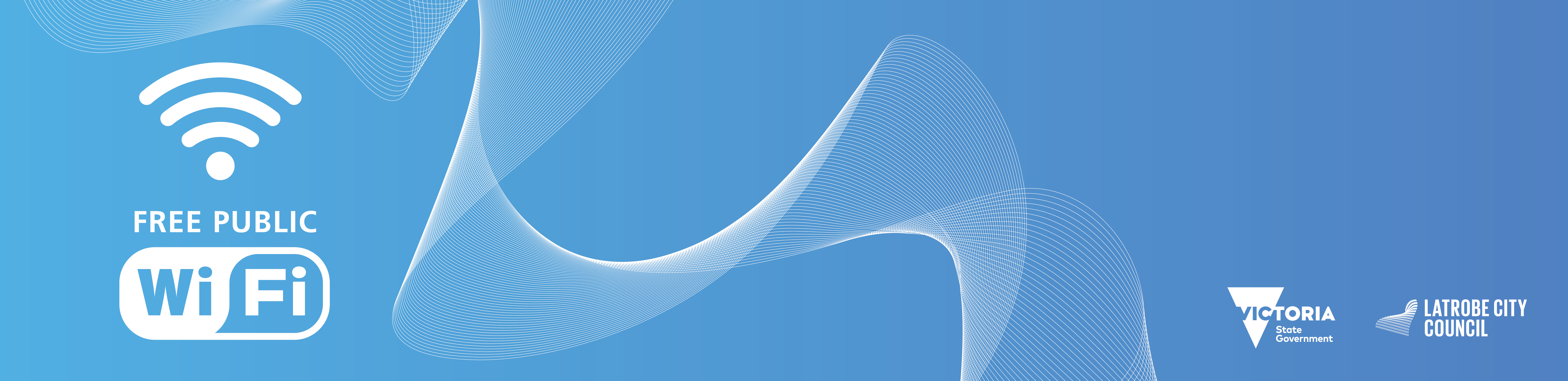 Blue banner with the graphics Free Public WiFi and Victoria State Government and Latrobe City Council logos
