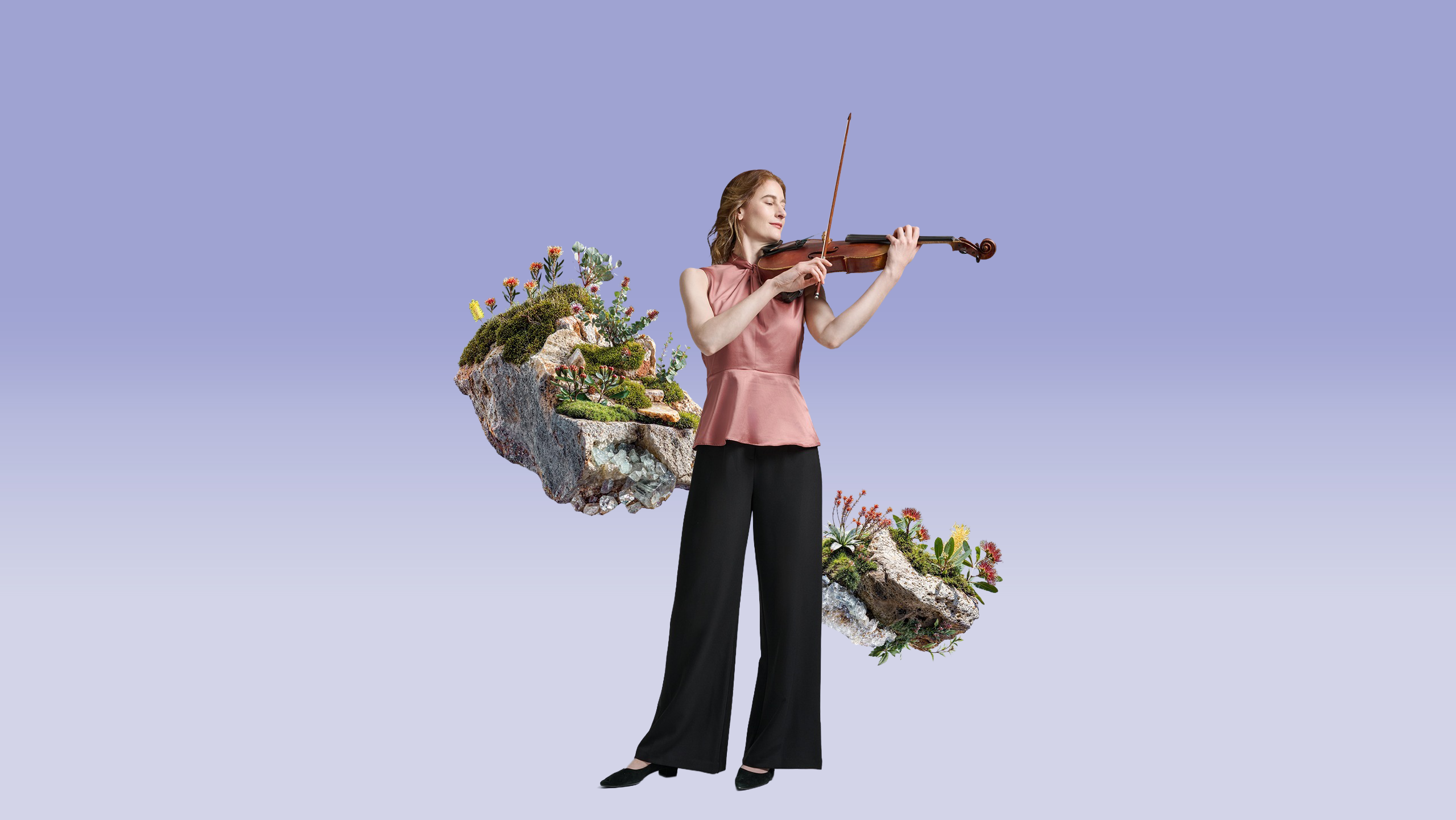 MCO Romantic Echoes Banner featuring a person playing violin, surrounded by floating rocks