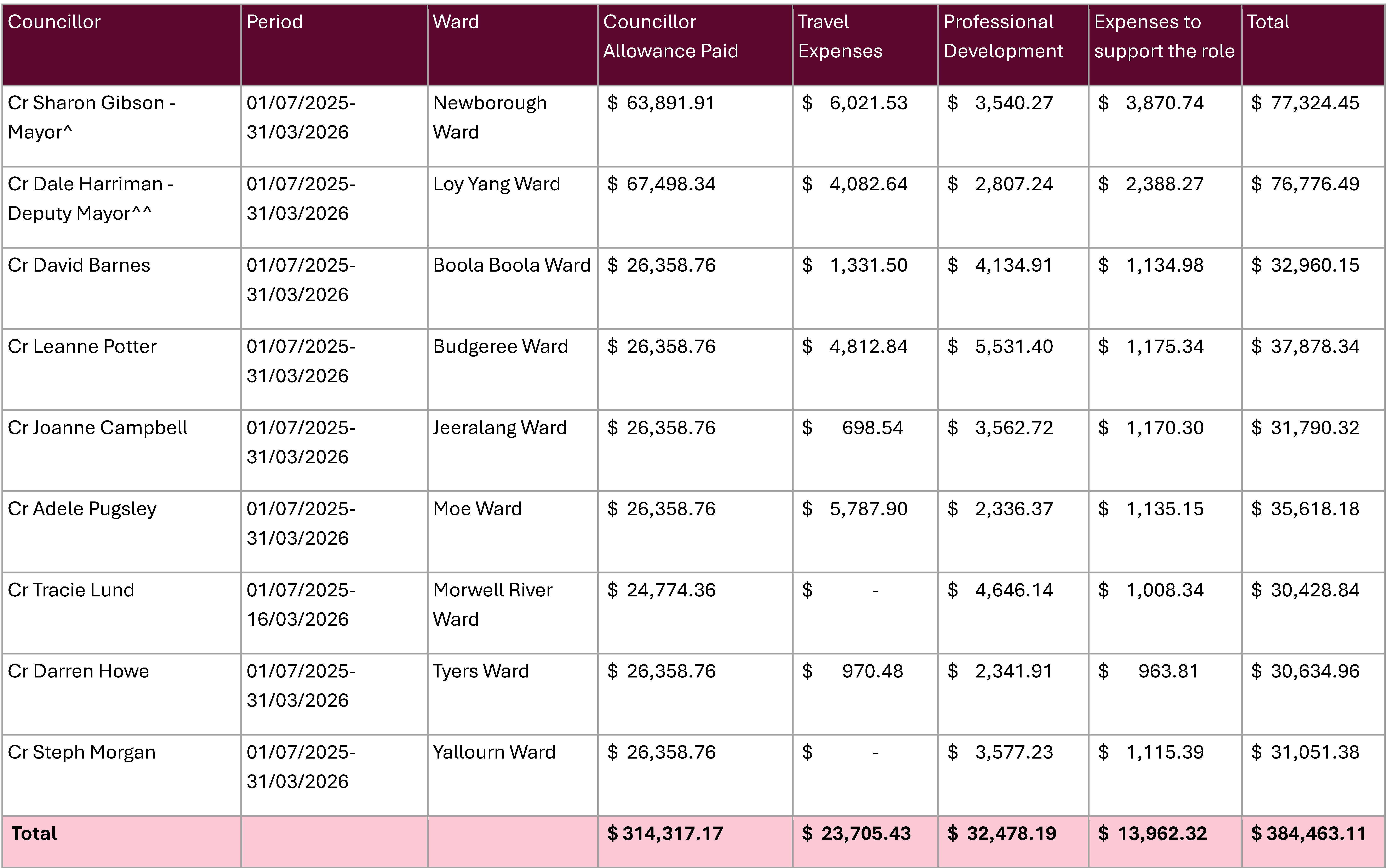 Councillor Expenses for 1 July 2025 to 31 March 2026