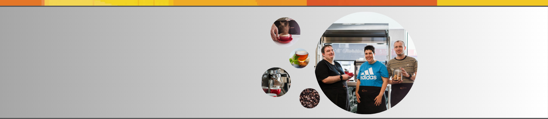 Graphic showing a series of photographs of coffee, tea, coffee cart equipment and coffee cart workers.