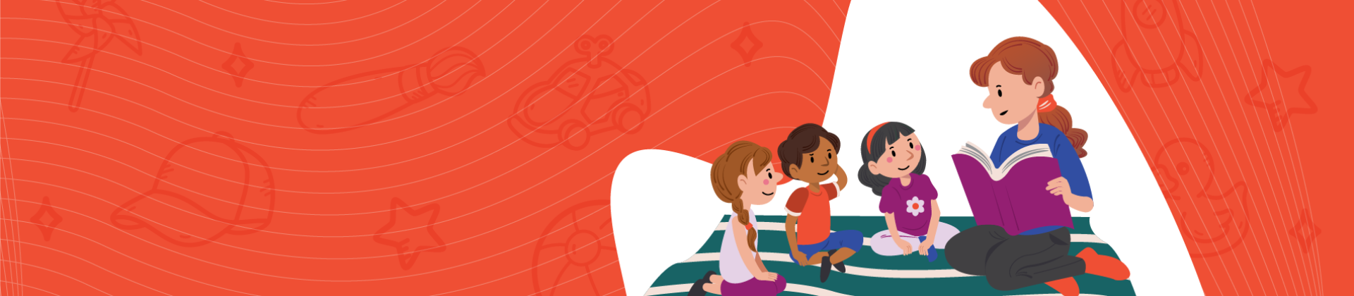 Orange background with image of teacher reading to kids
