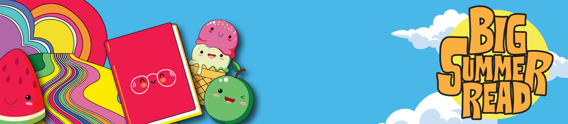 Colourful graphic for Big Summer Read campaign with cartoon fruits and books on a blue sky background.
