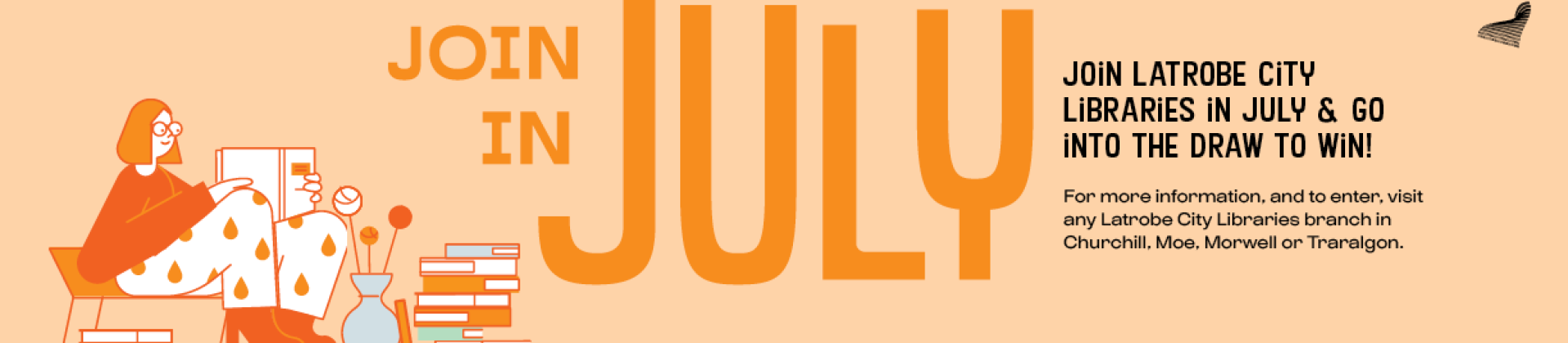 Graphic for Join in July membership campaign showing a cartoon woman reading from a pile of books