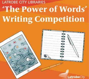 Graphic with a notebook and photo image promoting entry to the Power of Words writing competition