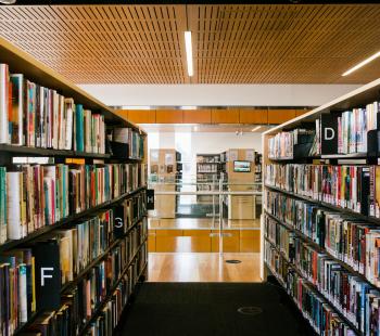 View between to bookshelves at the Moe Library