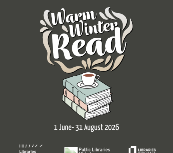 Brown graphic with the words Warm Winter Reading rising like steam from a cup of coffee set on a pile of books
