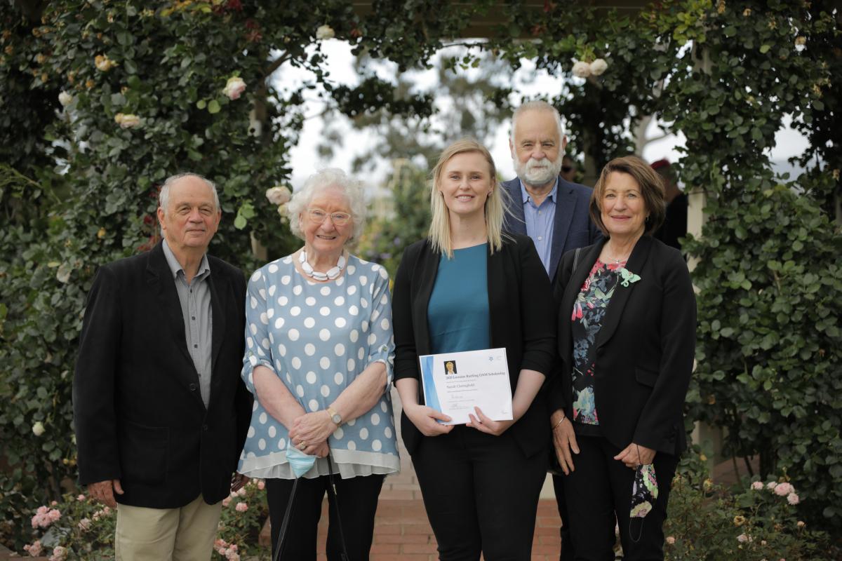 From left, former Latrobe City Trust Trustee David Langmore, Lorraine Bartling OAM, after whom the scholarship is named, Lorraine Bartling OAM Scholarship recipient Sarah Birch, Latrobe City Councillor Graeme Middlemiss and former Latrobe City Trust Chair Diane Wilkinson.