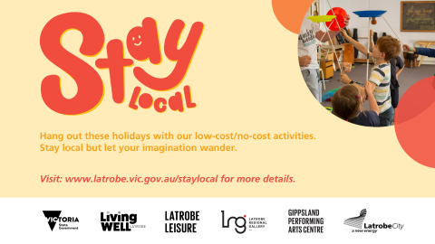 Graphic with Stay Local in red lettering and an image of children having fun