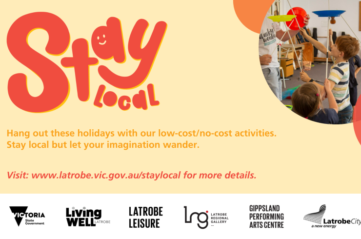 Graphic with Stay Local in red lettering and an image of children having fun