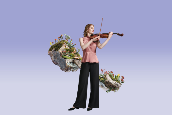 MCO Romantic Echoes Banner featuring a person playing violin, surrounded by floating rocks